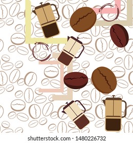 French press coffee, coffee beans, spilled coffee, vector illustration. Design elements for a cafe. Vector background.