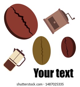 French press coffee, coffee beans, spilled coffee, vector illustration. Design elements for a cafe. Vector background.