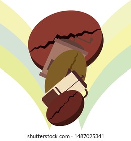 French press coffee, coffee beans, spilled coffee, vector illustration. Design elements for a cafe. Vector background.