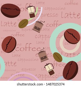 French press coffee, coffee beans, spilled coffee, vector illustration. Design elements for a cafe. Vector background.