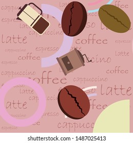 French press coffee, coffee beans, spilled coffee, vector illustration. Design elements for a cafe. Vector background.