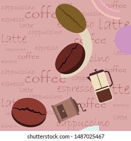 French press coffee, coffee beans, spilled coffee, vector illustration. Design elements for a cafe. Vector background.