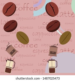 French press coffee, coffee beans, spilled coffee, vector illustration. Design elements for a cafe. Vector background.