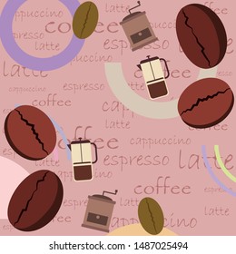 French press coffee, coffee beans, spilled coffee, vector illustration. Design elements for a cafe. Vector background.