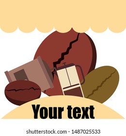 French press coffee, coffee beans, spilled coffee, vector illustration. Design elements for a cafe. Vector background.