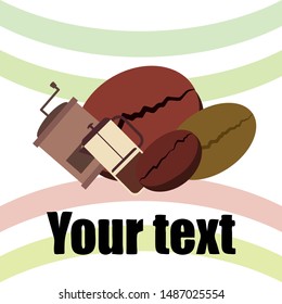 French press coffee, coffee beans, spilled coffee, vector illustration. Design elements for a cafe. Vector background.