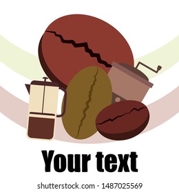 French press coffee, coffee beans, spilled coffee, vector illustration. Design elements for a cafe. Vector background.
