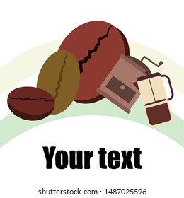 French press coffee, coffee beans, spilled coffee, vector illustration. Design elements for a cafe. Vector background.