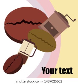 French press coffee, coffee beans, spilled coffee, vector illustration. Design elements for a cafe. Vector background.