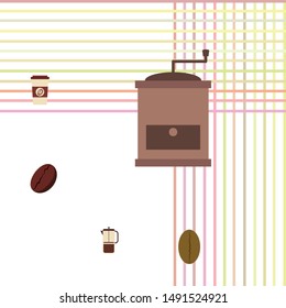 French press coffee, coffee beans, spilled coffee, vector illustration. Design elements for a cafe. Vector background.