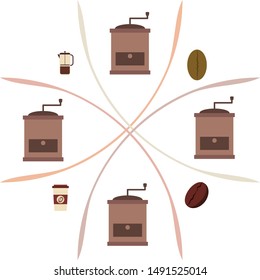 French press coffee, coffee beans, spilled coffee, vector illustration. Design elements for a cafe. Vector background.