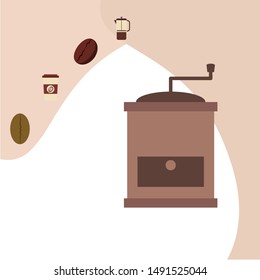 French press coffee, coffee beans, spilled coffee, vector illustration. Design elements for a cafe. Vector background.