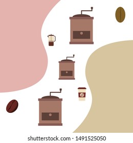 French press coffee, coffee beans, spilled coffee, vector illustration. Design elements for a cafe. Vector background.
