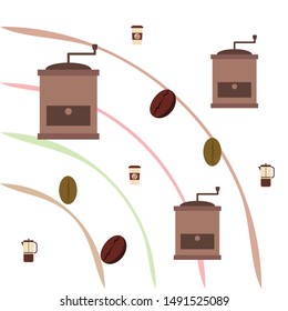 French press coffee, coffee beans, spilled coffee, vector illustration. Design elements for a cafe. Vector background.