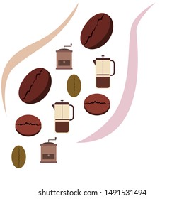 French press coffee, coffee beans, spilled coffee, vector illustration. Design elements for a cafe. Vector background.