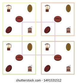 French press coffee, coffee beans, spilled coffee, vector illustration. Design elements for a cafe. Vector background.