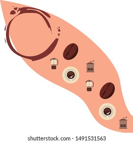 French press coffee, coffee beans, spilled coffee, vector illustration. Design elements for a cafe. Vector background.