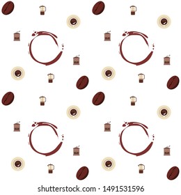 French press coffee, coffee beans, spilled coffee, vector illustration. Design elements for a cafe. Vector background.