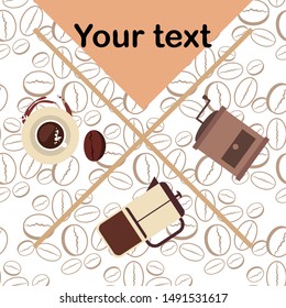 French press coffee, coffee beans, spilled coffee, vector illustration. Design elements for a cafe. Vector background.
