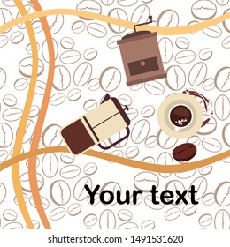 French press coffee, coffee beans, spilled coffee, vector illustration. Design elements for a cafe. Vector background.