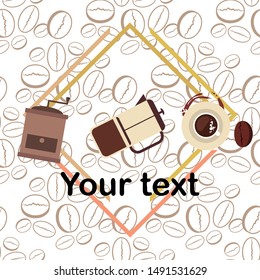 French press coffee, coffee beans, spilled coffee, vector illustration. Design elements for a cafe. Vector background.