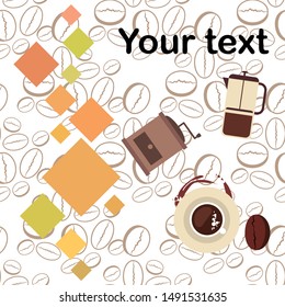 French press coffee, coffee beans, spilled coffee, vector illustration. Design elements for a cafe. Vector background.
