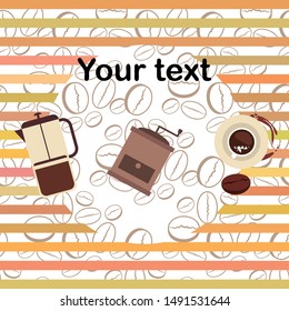 French press coffee, coffee beans, spilled coffee, vector illustration. Design elements for a cafe. Vector background.