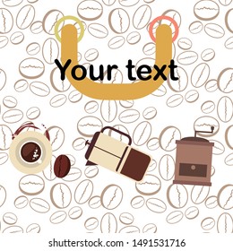 French press coffee, coffee beans, spilled coffee, vector illustration. Design elements for a cafe. Vector background.