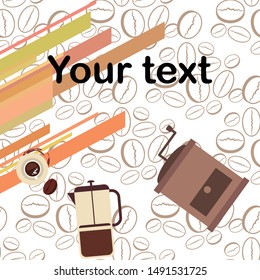 French press coffee, coffee beans, spilled coffee, vector illustration. Design elements for a cafe. Vector background.