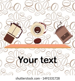 French press coffee, coffee beans, spilled coffee, vector illustration. Design elements for a cafe. Vector background.