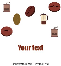 French press coffee, coffee beans, spilled coffee, vector illustration. Design elements for a cafe. Vector background.