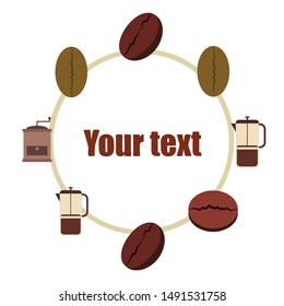 French press coffee, coffee beans, spilled coffee, vector illustration. Design elements for a cafe. Vector background.