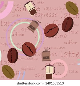 French press coffee, coffee beans, spilled coffee, vector illustration. Design elements for a cafe. Vector background.