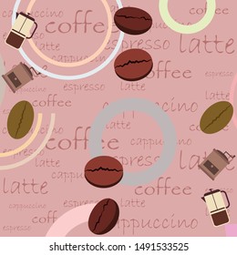 French press coffee, coffee beans, spilled coffee, vector illustration. Design elements for a cafe. Vector background.