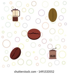 French press coffee, coffee beans, spilled coffee, vector illustration. Design elements for a cafe. Vector background.