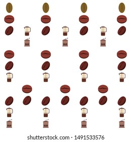 French press coffee, coffee beans, spilled coffee, vector illustration. Design elements for a cafe. Vector background.