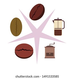 French press coffee, coffee beans, spilled coffee, vector illustration. Design elements for a cafe. Vector background.