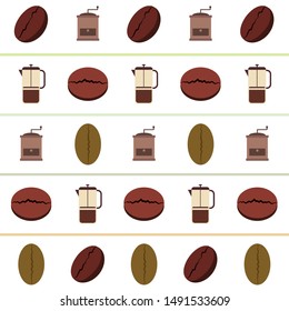 French press coffee, coffee beans, spilled coffee, vector illustration. Design elements for a cafe. Vector background.