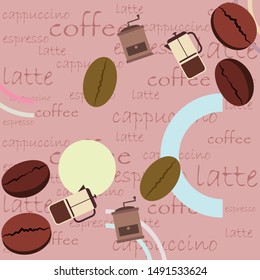 French press coffee, coffee beans, spilled coffee, vector illustration. Design elements for a cafe. Vector background.