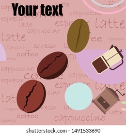 French press coffee, coffee beans, spilled coffee, vector illustration. Design elements for a cafe. Vector background.