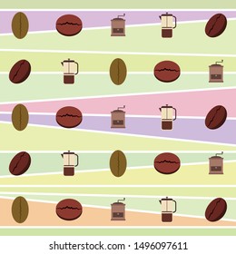 French press coffee, coffee beans, spilled coffee, vector illustration. Design elements for a cafe. Vector background.