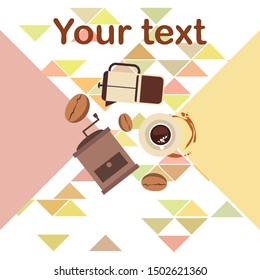 French press coffee, coffee beans, spilled coffee, vector illustration. Design elements for a cafe. Vector background.