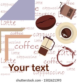 French press coffee, coffee beans, spilled coffee, vector illustration. Design elements for a cafe. Vector background.