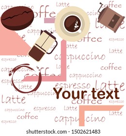 French press coffee, coffee beans, spilled coffee, vector illustration. Design elements for a cafe. Vector background.