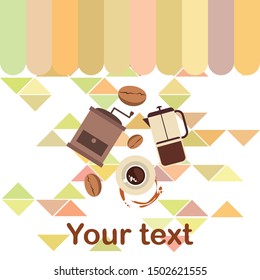 French press coffee, coffee beans, spilled coffee, vector illustration. Design elements for a cafe. Vector background.