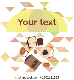 French press coffee, coffee beans, spilled coffee, vector illustration. Design elements for a cafe. Vector background.