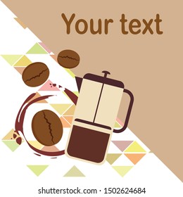 French press coffee, coffee beans, spilled coffee, vector illustration. Design elements for a cafe. Vector background.