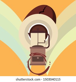 French press coffee, coffee beans, spilled coffee, vector illustration. Design elements for a cafe. Vector background.