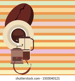 French press coffee, coffee beans, spilled coffee, vector illustration. Design elements for a cafe. Vector background.