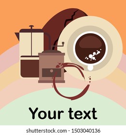 French press coffee, coffee beans, spilled coffee, vector illustration. Design elements for a cafe. Vector background.